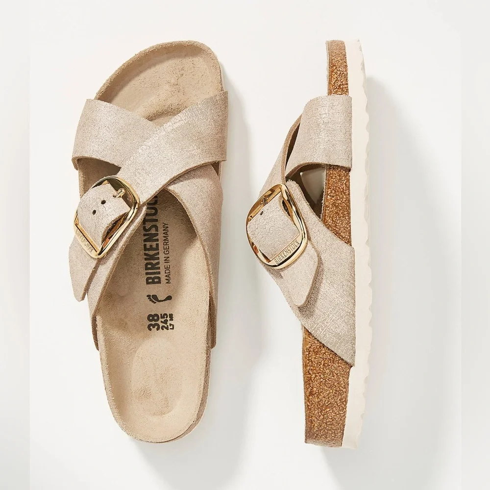 Birkenstock Siena Big Buckle Suede Leather Washed Metallic Rose Gold - Picture 1 of 7